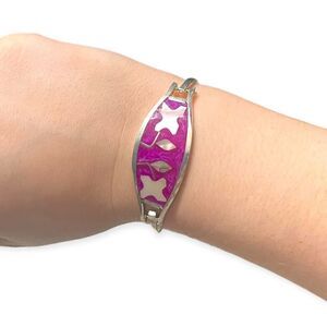 Vintage Alpaca Mexico Silver Abalone Shell Mother-of-Pearl Flower Bracelet